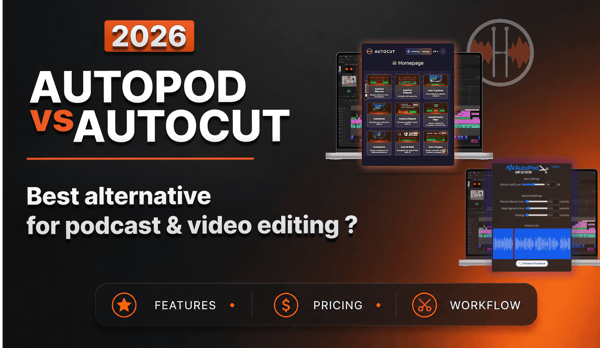 AutoPod vs AutoCut comparison thumbnail with orange gradient design, showcasing AutoCut as a powerful AI video editing plugin alternative for podcast and YouTube creators